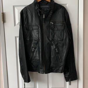 True Religion men’s black leather “Chad” jacket.
